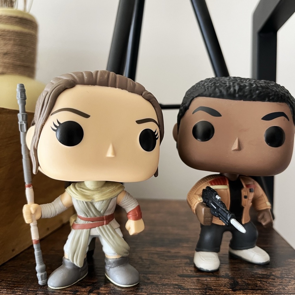 Finn and Rey Star Wars Funko Pop Bobbleheads.